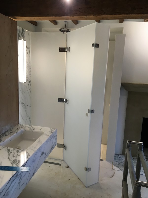 Bespoke frosted glass shower enclosure in Hanwell luxury bathroom